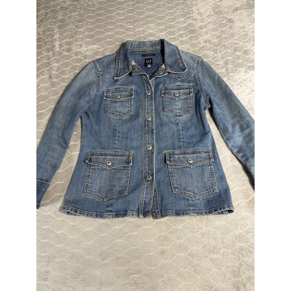 GAP Vintage Y2K Stretch Denim Jacket Medium Wash Western Snap Front Blue Small